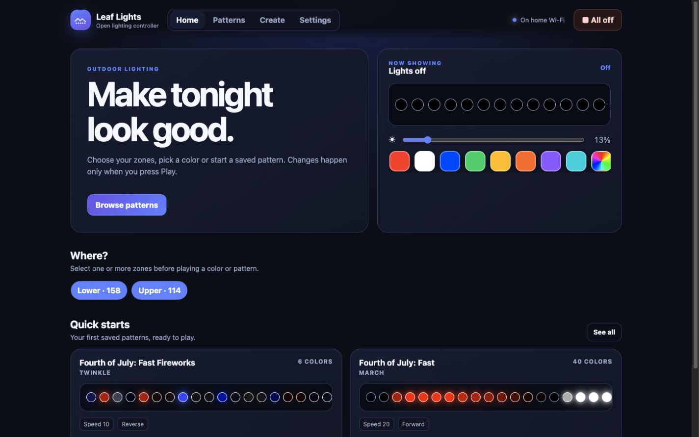 Ember dashboard with zones, brightness, color, and quick pattern controls